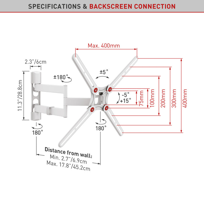 Support TV blanc pour écrans jusqu'à 48 pouces Pivotant et inclinable