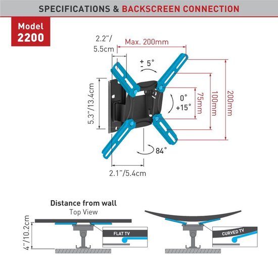 Barkan Supports Support Mural TV Compact Pivotant | Écrans 13-43 pouces | VESA 200x200