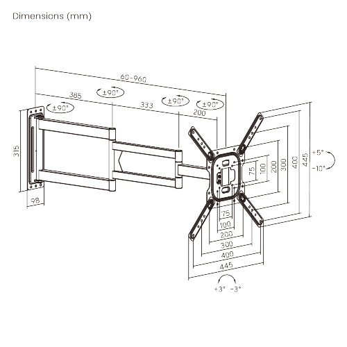 Support mural TV Wolff Mount Extra long à mouvement complet jusqu'à 65 pouces | jusqu'à 95 cm du mur ! | Universel | VESA 400x400