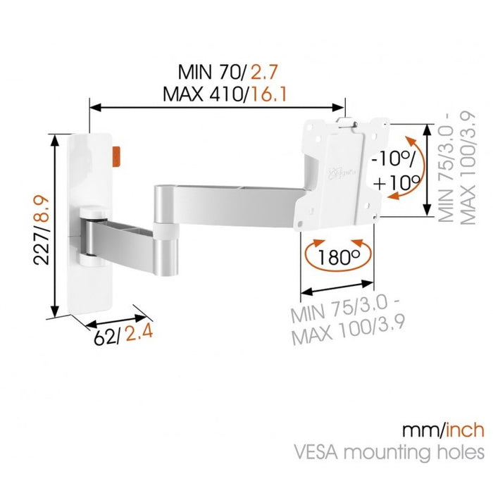 Support mural pivotant Vogels WALL 2045 blanc jusqu'à 26 pouces