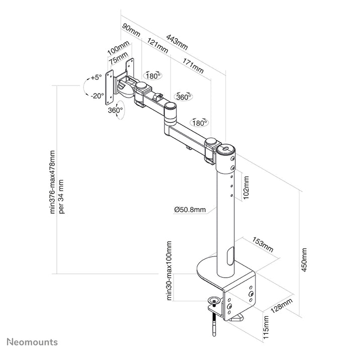 Neomounts FPMA-D960 zwartPLUS est un support de bureau avec 3 points de rotation pour écrans incurvés jusqu'à 49 pouces (124 cm).