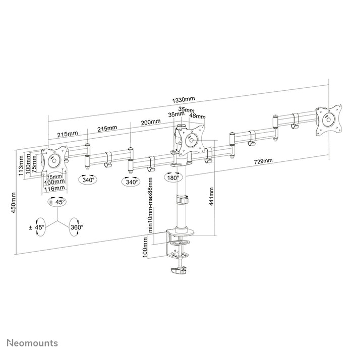 Neomounts NM-D135D3 noir est un support de bureau pour 3 écrans plats jusqu'à 27 pouces (69 cm).