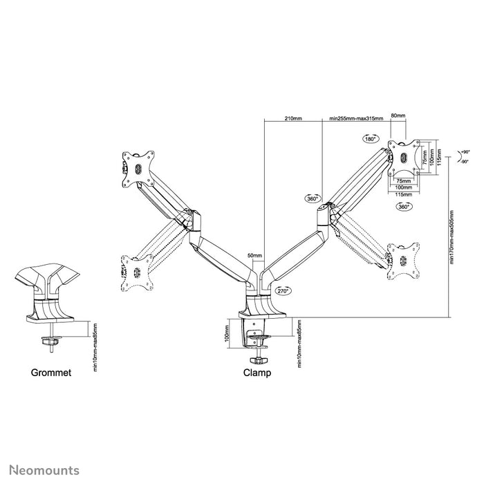 Neomounts NM-D750D blanc est un support de bureau à gaz pour deux écrans plats jusqu'à 32 pouces (82 cm).