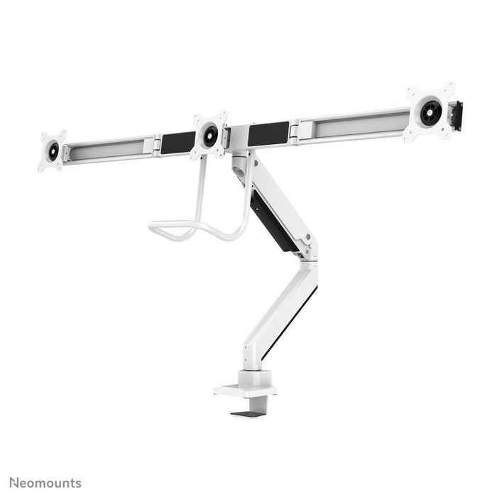 Neomounts NM-D775DX3 blanc est un support de bureau à vérin à gaz avec barre transversale et levier pour écrans plats jusqu'à 27 pouces (68,6 cm).