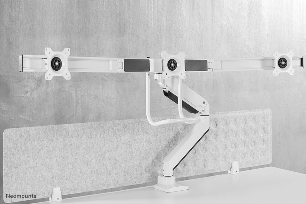 Neomounts NM-D775DX3 blanc est un support de bureau à vérin à gaz avec barre transversale et levier pour écrans plats jusqu'à 27 pouces (68,6 cm).