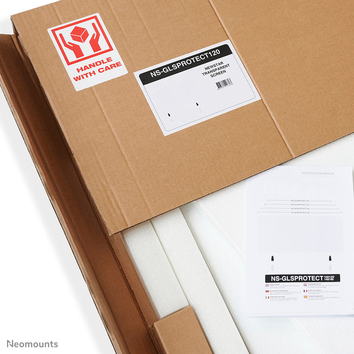 Neomounts NS-GLSPROTECT160 est un écran en verre durable de 158 cm offrant une protection contre la distance sur le lieu de travail - Verre trempé, transparent, 100 % recyclable