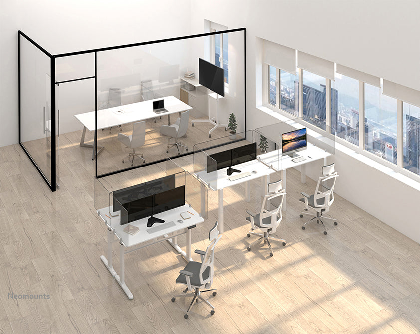 Neomounts NS-GLSPROTECT160 est un écran en verre durable de 158 cm offrant une protection contre la distance sur le lieu de travail - Verre trempé, transparent, 100 % recyclable