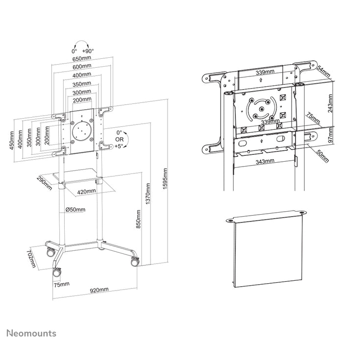 Neomounts NS-M1250 blanc est un meuble mobile pour écrans plats jusqu'à 70 pouces (178 cm). Incl. plateau pour ordinateur portable - Blanc