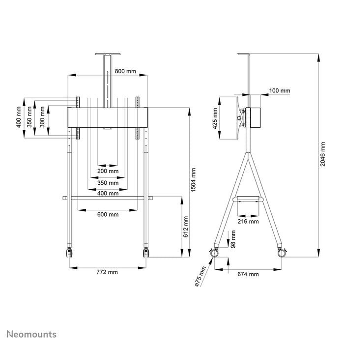 Neomounts NS-M1500black est un meuble mobile pour écrans plats jusqu'à 65 pouces (165 cm). Incl. plateau pour ordinateur portable - Noir