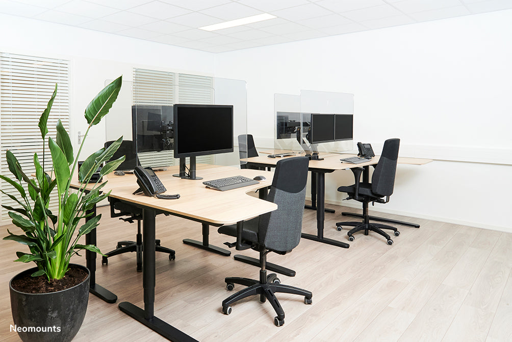 Neomounts NS-PLXPROTECT2 est un écran transparent pour 2 écrans plats et offre une protection contre la distance sur le lieu de travail - Acrylique transparent, 100 % recyclable | PLXPROTECT est enregistré en tant que brevet de design de l'UE |