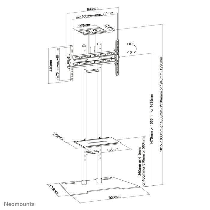Neomounts PLASMA-M1700ES est un meuble pour écrans LCD/LED/Plasma jusqu'à 70 pouces (178 cm). La hauteur réglable est de 147,5 à 163,5 cm.