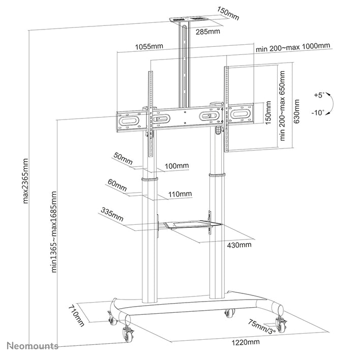 Neomounts PLASMA-M1950E est un meuble mobile pour écrans plats jusqu'à 100 pouces (254 cm). Incl. plateau pour ordinateur portable.