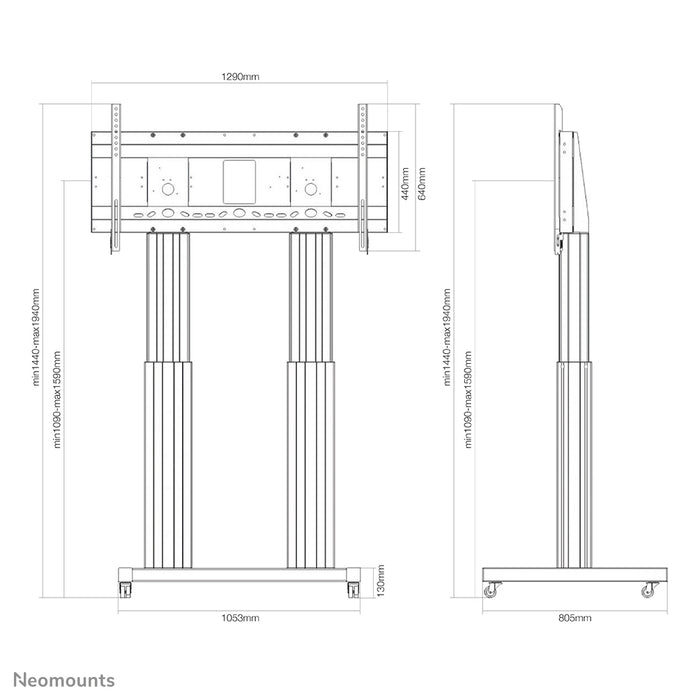Neomounts PLASMA-M2600 argent est un chariot électrique réglable en hauteur pour écrans plats jusqu'à 120 pouces (305 cm).