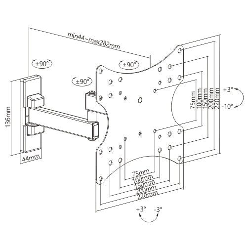 Support mural TV pivotant compact Wolff pour écrans jusqu'à 42 pouces | VESA 200x200 | Longueur 28 cm