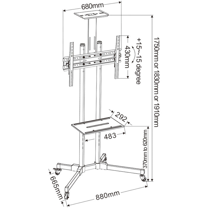 Alle afmetingen van de TVB-10 vloerstandaard