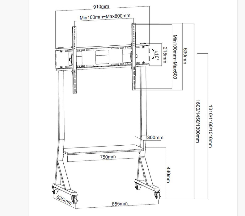 Support TV mobile Wolff pour salon professionnel ou salle de réunion | Modèle élégant | VESA 800x400 | jusqu'à 75 pouces