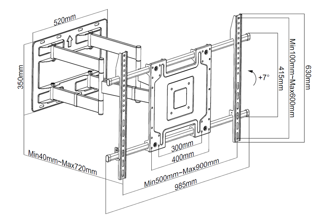Support mural TV – 50″ à 100″ | Extra solide jusqu'à 100 kg | VESA 300×300 à 900×600 | Extensible de 4 à 72 cm