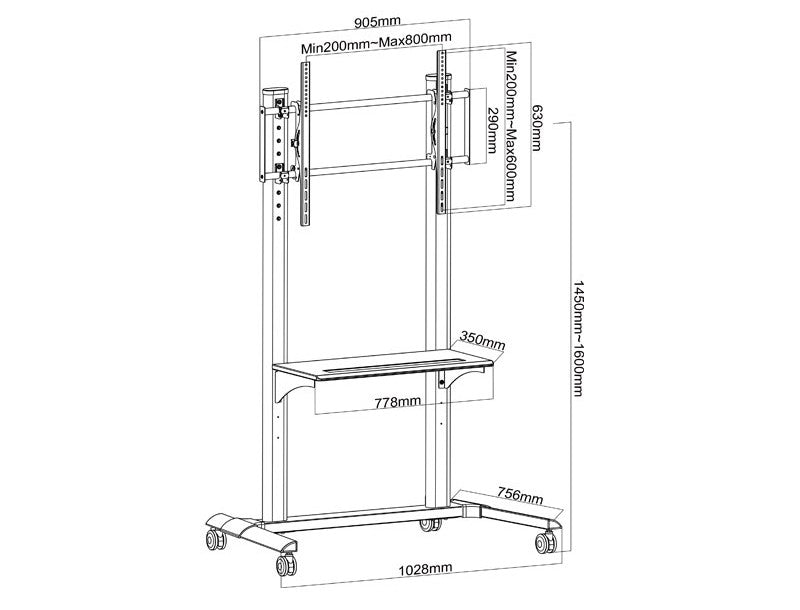 Support TV mobile jusqu'à 100 pouces – Charge lourde | Wolff Mount | VESA 800x600 | 80 KG