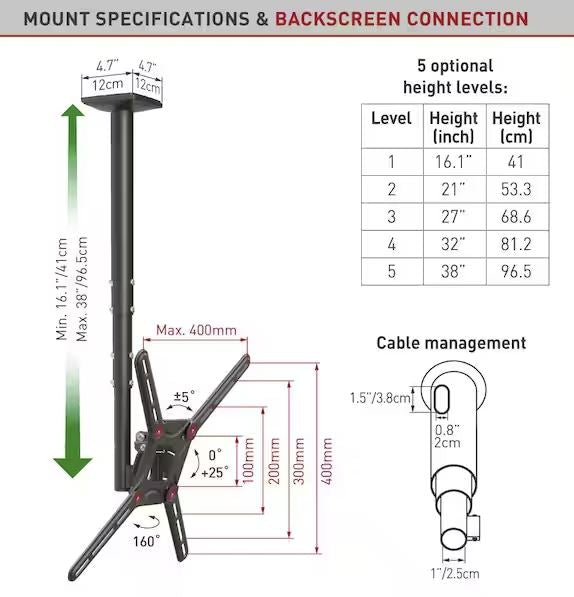 Barkan Supports Support de plafond noir 29 - 65 pouces | Hauteur réglable maximale | Pivotant et inclinable | VESA 400x400