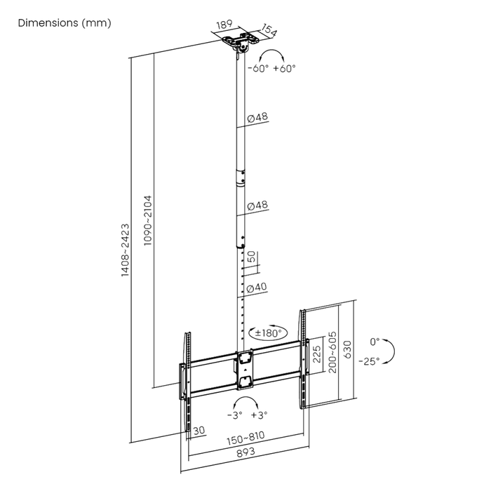 Support de plafond robuste réglable en hauteur 50-100 pouces et capacité de charge de 80 kg