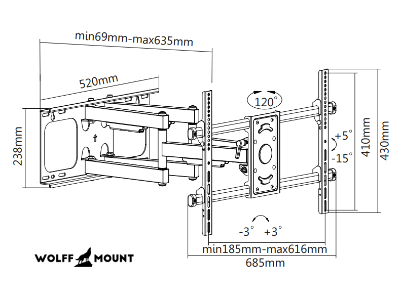 Support TV robuste | 37 à 90 pouces | 2 bras | VESA 600x400 | Compatible Cinewall | Universel | Réglage horizontal