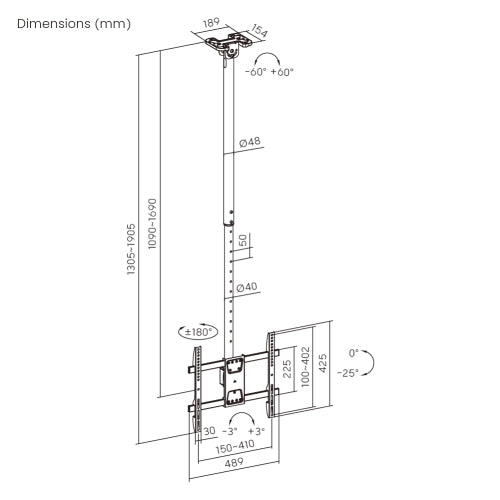 Support Wolff | Support TV plafond universel | Jusqu'à 55 pouces | Pivotant, inclinable et réglable en hauteur | VESA 400x400 | Câble passant par le tube | Convient aux plafonds inclinés